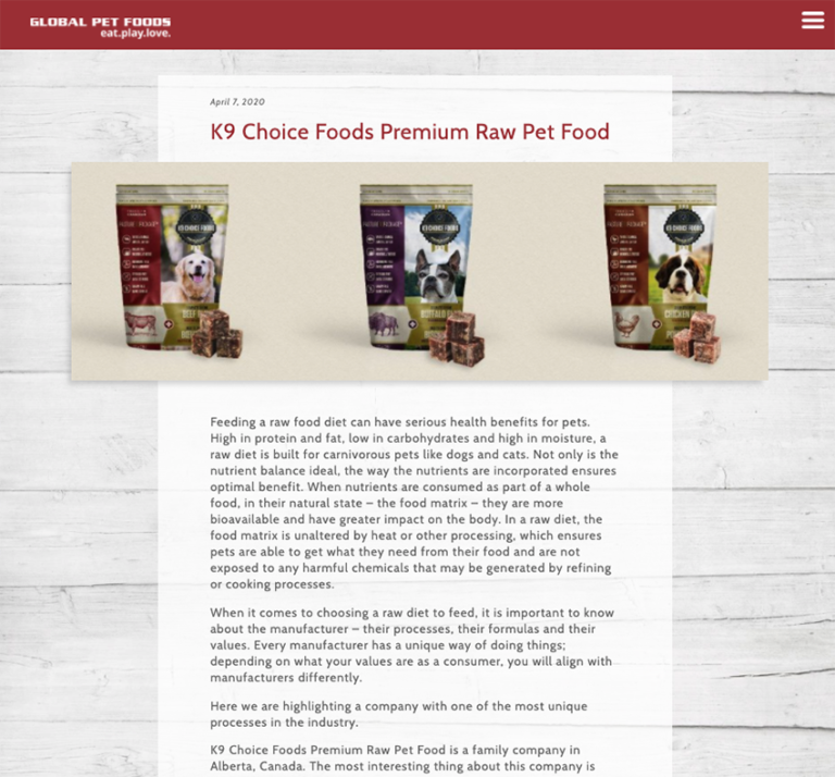 In the Press Global Pet Foods K9 Choice Foods